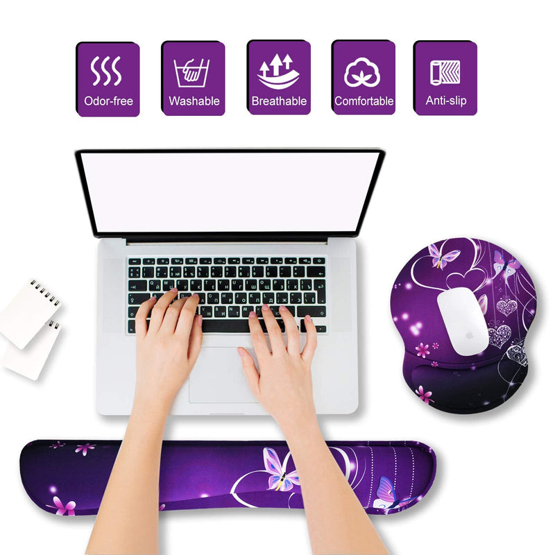 [Australia - AusPower] - ArtSo Upgraded Wrist Rest Support for Mouse Pad & Keyboard, Ergonomic Gel Mousepad Non-Slip Rubber Base Home ,Office Pain Relief, Easy Typing Cushion Neoprene, Soft Memory Foam, Purple Heart butterfly 