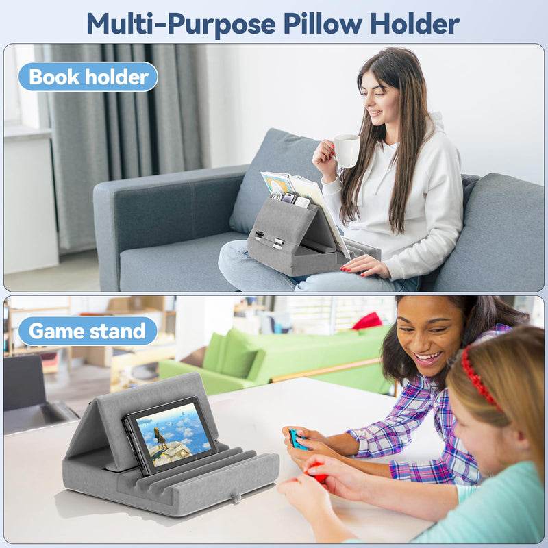 [Australia - AusPower] - KDD Tablet Pillow Holder, Foldable iPad Stand for Lap, Bed and Desk -Tablet Soft Pad Dock with Pocket & Stylus Mount Compatible with iPad Pro 12.9, 10.5, 9.7 Air Mini 6 5 4 3, Kindle, E-Reader, Gray 