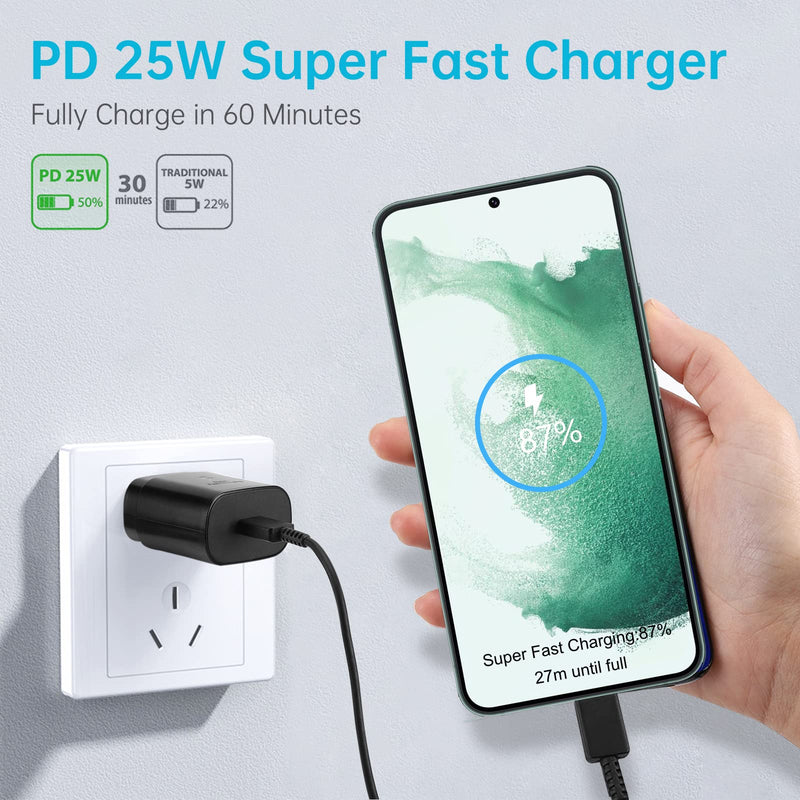[Australia - AusPower] - USB C Wall Charger, 25W Super Fast Type C Charger for Samsung Galaxy S22/S22 Ultra/S22+/ S21/S21Ultra/S21+/ S20/Note20 Ultra/Note 10/Note10+, Android Phone Charger with 5FT Fast Charging Cable 