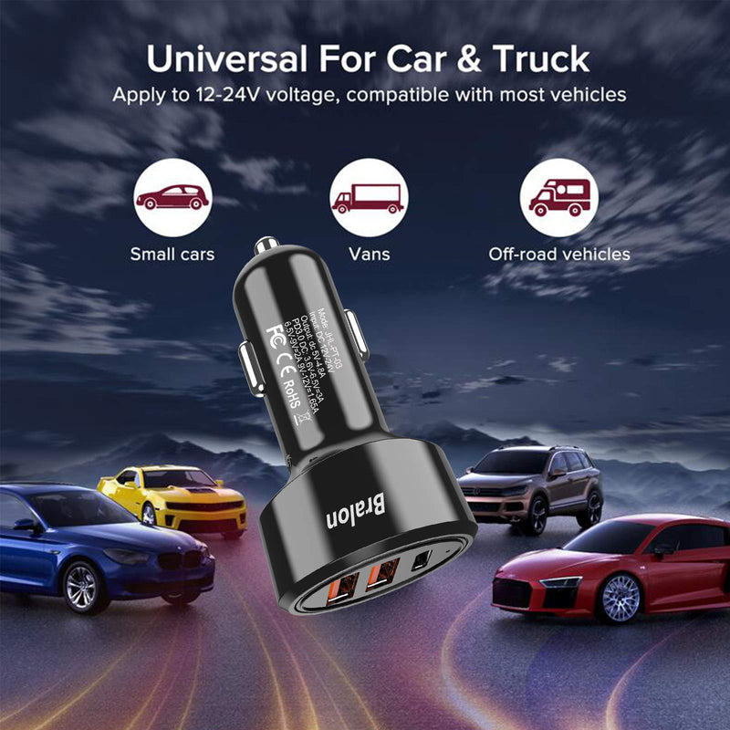 [Australia - AusPower] - USB C Car Charger[2-Pack],Bralon 44W(PD 3.0 20W & Dual USB-A 24W/4.8A) Fast Car Charger Adapter Compatible with Phone 12/12 Pro(Max)/12 mini/11/11 Pro(Max)/XS/XR/X/8/7,Galaxy Note S10 S9 S8 S7 & More 