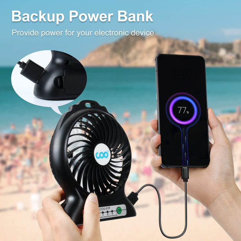 [Australia - AusPower] - Mini Portable Battery Operated Desk Fan with Flashlight, 3 Speeds Adjustable-2200mAh Battery Rechargeable Small Desk Fan for Home Office Bedroom Outdoor Backpacking Camping, 4.5 Inch, Black 