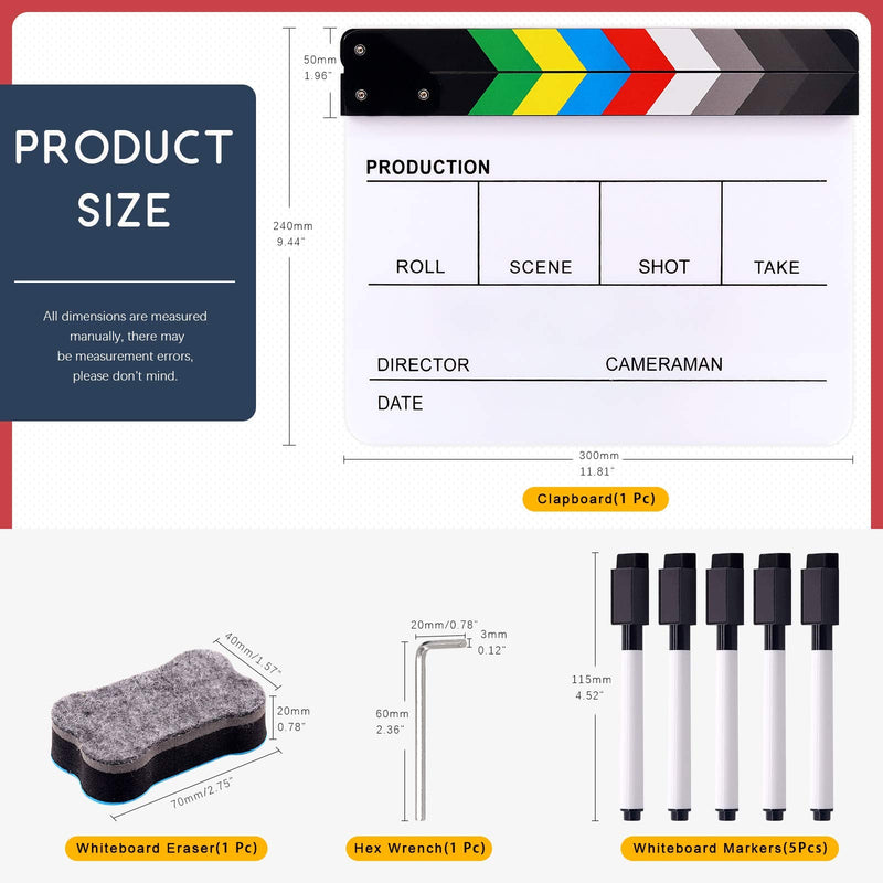 [Australia - AusPower] - Hilitchi Film Movie Cut Action Board Acrylic Plastic Slate 25x30cm/10x12" Dry Erase Director's Film Clapboard with Color Sticks and with 5 Whiteboard Markers, 1 Eraser and 1 Wrench 
