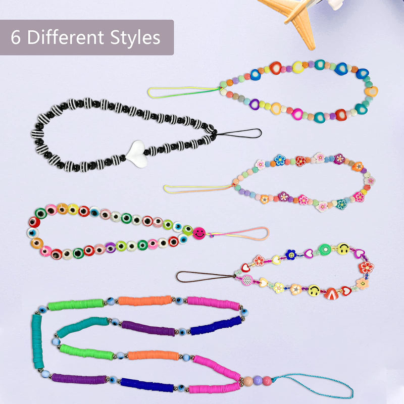[Australia - AusPower] - Phone Charm Straps 6 Pack, Smiley Face Phone Charms Aesthetic Beaded Phone Lanyard Wrist Strap, Anti-Lost Phone Charm String Rainbow Fruit Polymer Clay Acrylic Phone Bracelet Strap for Women 