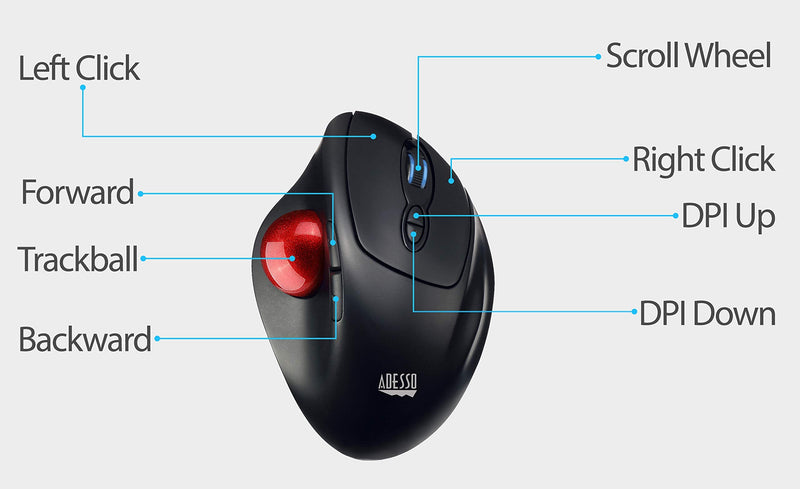 [Australia - AusPower] - Adesso iMouse T30 Wireless Ergonomic Thumb Trackball Mouse with Nano USB Receiver, Programmable 7 Button Design, and 5 Level DPI Switch 