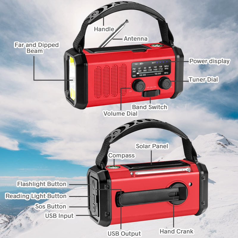 [Australia - AusPower] - Emergency Radio,10000mAh Solar Radio, Crank Radio, NOAA/AM/FM Weather Radio, USB Type-C Charging,Dynamo Radio,Polymer Battery,Torch & LED Reading Light, SOS Alarm,Compass for Camping Red 