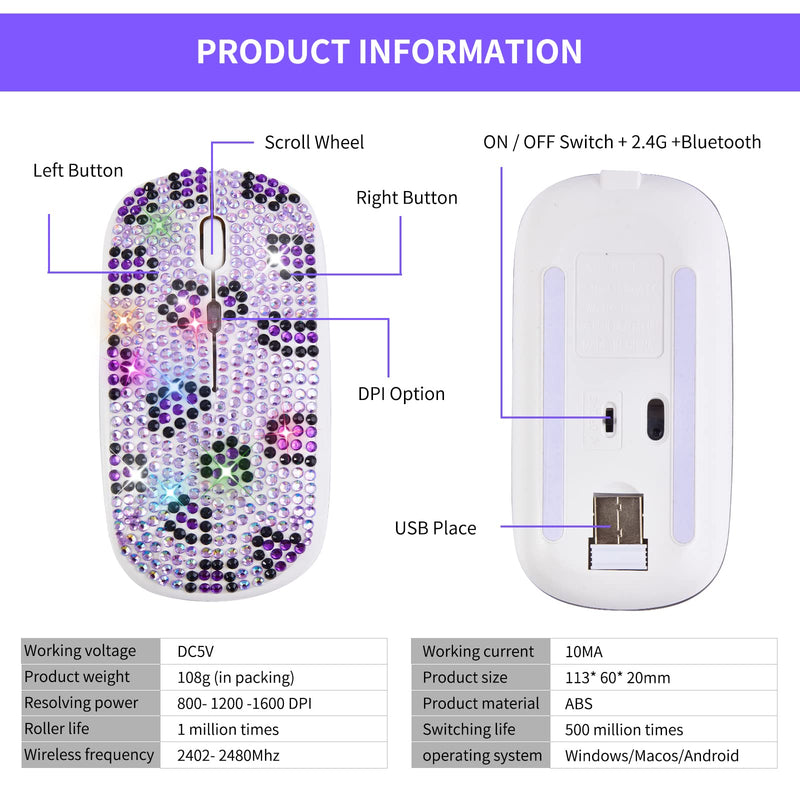 [Australia - AusPower] - Rechargeable 2.4GHz Wireless Bluetooth Mouse Covered Rhinestone Crystal, Bling Slim Mouse Compatible with Notebook, PC, Laptop, Computer, MacBook,Great Gift idea for Her 
