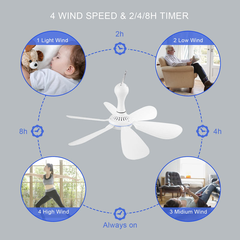 [Australia - AusPower] - SCOOYEEES Portable Ceiling Fan USB Powered Canopy Fan with Speed Timer switch, Quiet Small DC USB Ceiling Fan Hanging Fan with 6 Blades for Camping Cruise RV Tent Gazebo Bed Dormitory Home Room 