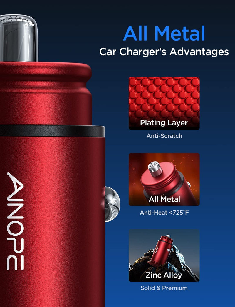 [Australia - AusPower] - 40W Car Charger Adapter, AINOPE Smallest USB C Car Charger Fast Charging, All Metal PD 3.0 Dual Port Car Charger, with LED Light Compatible with iPhone 14 Pro Max 👍 PERFECT FIT: Red 