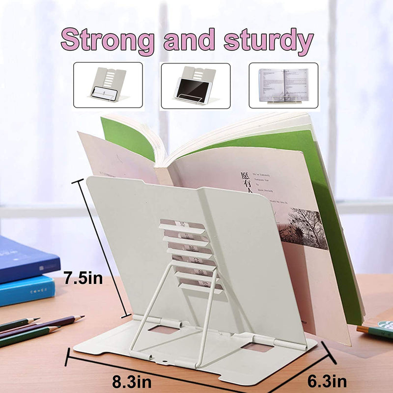 [Australia - AusPower] - MSDADA Book Stand Metal Reading Rest Book Holder Adjustable Cookbook Documents Holder Portable Sturdy Bookstands for Recipes Textbooks Tablet Music Books with Page Clips Gifts for Girls (Milky White) Milky White 