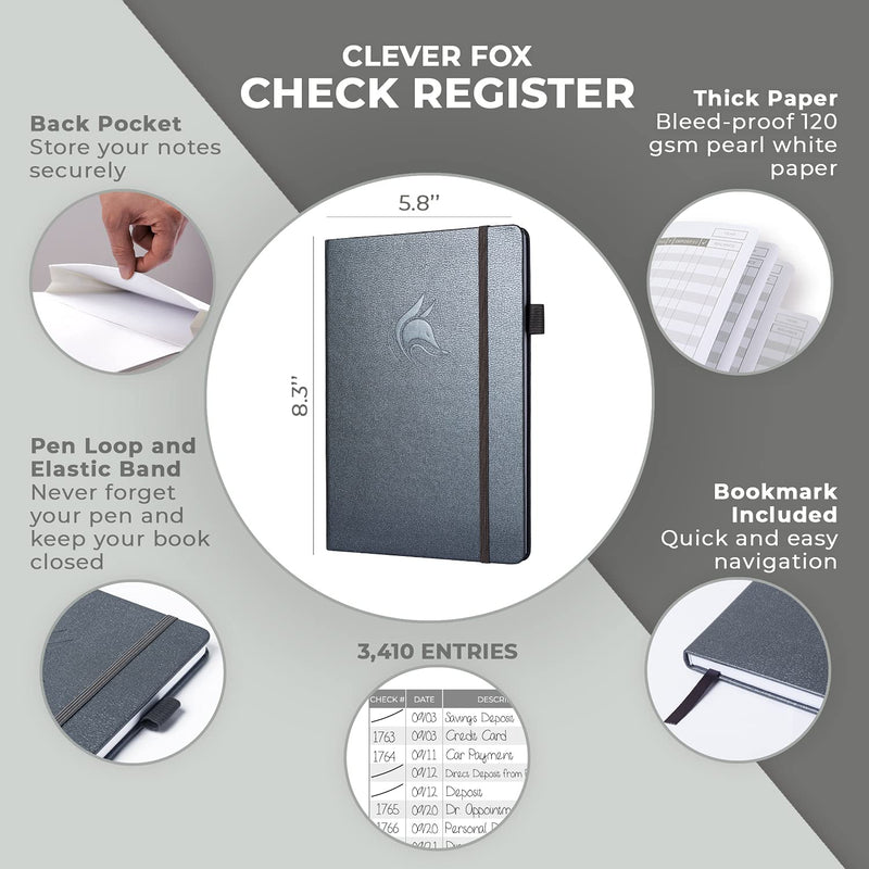 [Australia - AusPower] - Clever Fox Check Register – Deluxe Checkbook Log with Check & Transaction Registers, Bank Account Register Booklets for Personal and Work Use, A5 Hardcover - Mystic Grey A5 (5.8'' x 8.3'') 