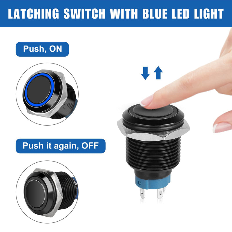 [Australia - AusPower] - 5PCS Push Button Latching Switch 12v/24v, Latching Push Button Switch 16mm 4 Pin Round Waterproof Stainless Black Shell Pushbutton Switch with Blue Led Light and Wires for Boat Truck RV Marinre SPDT 