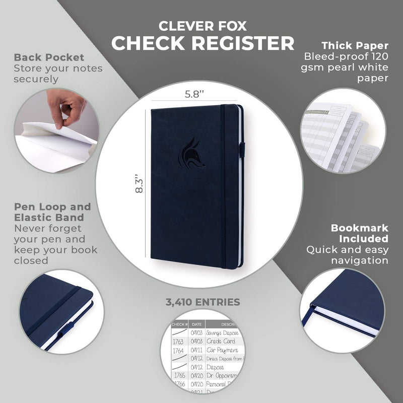 [Australia - AusPower] - Clever Fox Check Register – Deluxe Checkbook Log with Check & Transaction Registers, Bank Account Register Booklets for Personal and Work Use, A5 Hardcover - Dark Blue A5 (5.8'' x 8.3'') 
