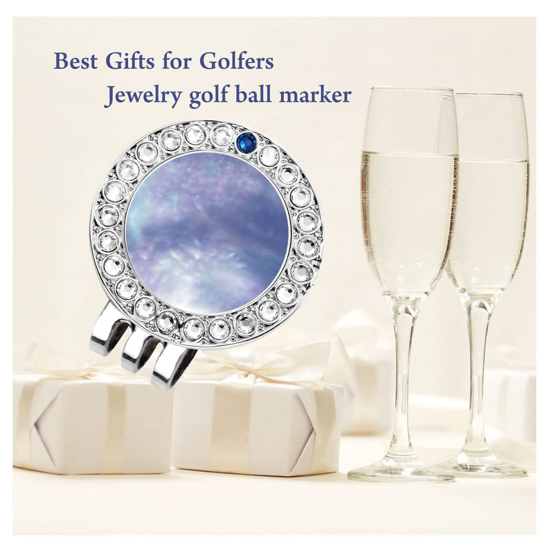 [Australia - AusPower] - E TRUEE Golf Ball Marker Hat Clip with Natural Mother of Pearl and Premium Crystal Golf Marker, Best Golf Gifts and Golf Accessories for Women blue pearl with blue crystal (silver clip) 