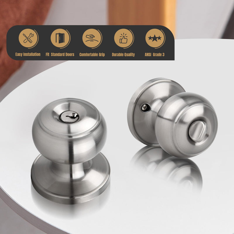[Australia - AusPower] - Gaurqiah Keyed Entry Door Knob, Flat Ball Interior Door Knob with Lock, Round Exterior Doorknob for Front/Entrance Doors, Stain Nickel Keyed Entry {Stain Nickel} 