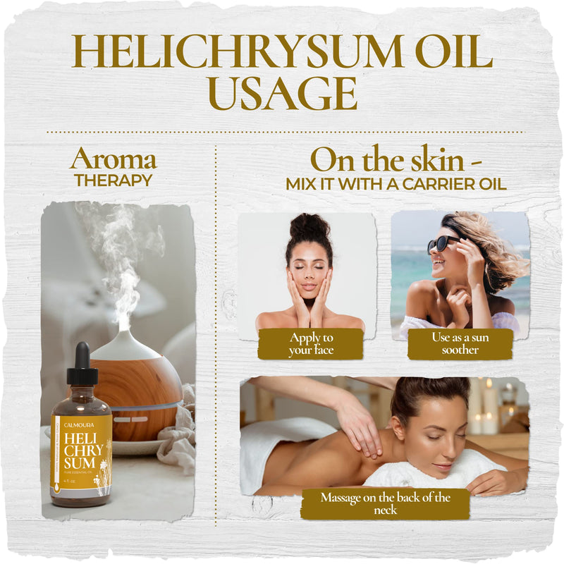 [Australia - AusPower] - Calmoura Helichrysum Essential Oil Therapeutic Grade (4 oz | 118 ml) — Pure Helichrysum Essential Oil Organic for Skin — Premium Undiluted Pure Essential Oil Helichrysum Italicum Diffuser Aromatherapy, Skin Care, Massage, Relaxing & Soothing Oil 