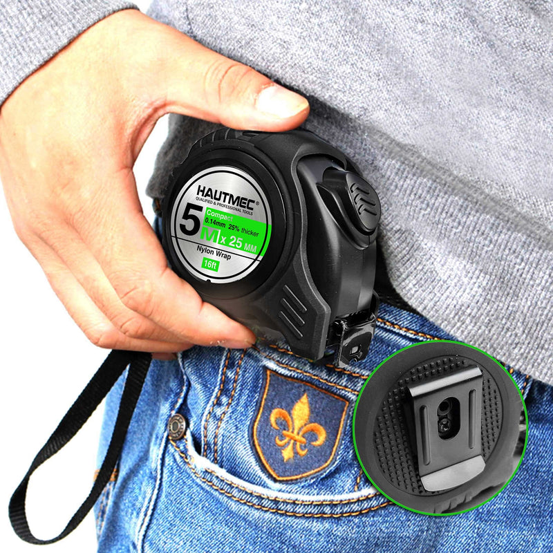 [Australia - AusPower] - HAUTMEC 16 Ft (5m) Heavy Duty AutoLock Black Tape Measure, Self-Lock, 1" Wide Black Rigid Blade, Dual Sided Rule Print, HT0100-TM 