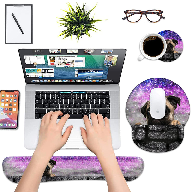 [Australia - AusPower] - Keyboard Wrist Rest and Mouse Pad Wrist Support Set with Coasters, Non-Slip PU Base Ergonomic Gaming Mousepad for Home Office Working Studying Easy Typing & Pain Relief - Cute Pug 
