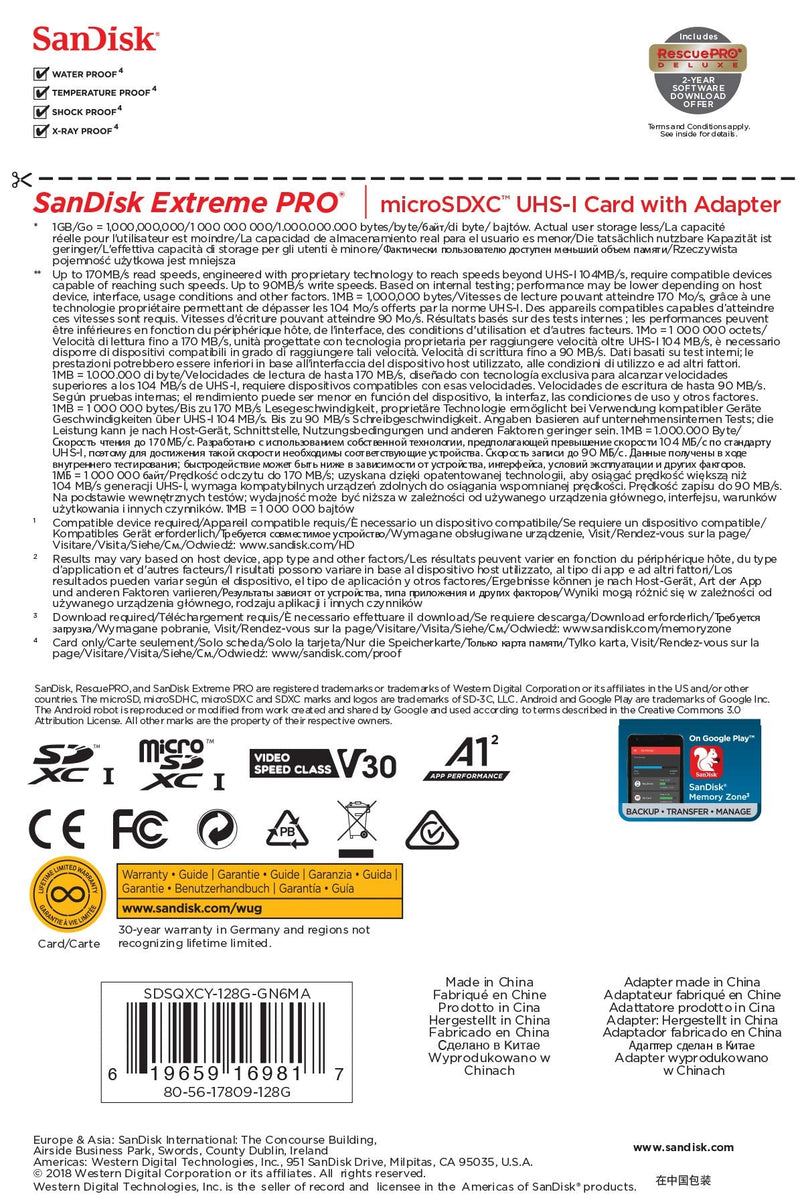 [Australia - AusPower] - SanDisk Extreme Pro SDXC UHS-I U3 A2 V30 128GB + Adapter, SDSQXCY-128G-GN6MA 