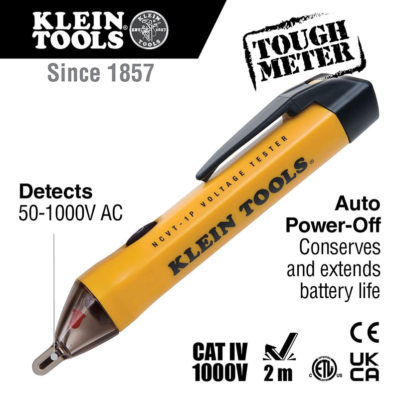 [Australia - AusPower] - Klein Tools NCVT1P Voltage Tester, Non-Contact Voltage Detector Pen, 50V to 1000V AC, Audible and Flashing LED Alarms, Pocket Clip NCVT Pen 
