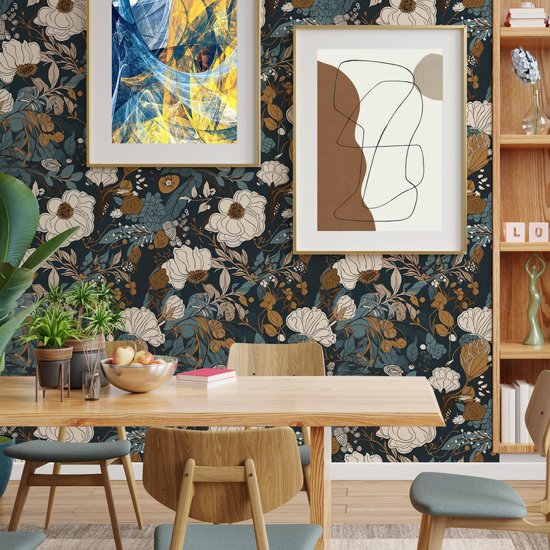 [Australia - AusPower] - MAGAFA Floral Peel and Stick Wallpaper Boho Removable Wallpaper for Bedroom Bathroom Black/Sand/Oliva Easy Peel Off Wallpaper Stick on Wallpaper Vintage Renter Friendly Wall Paper 236.2" X 17.7" 17.71"X236.2" 