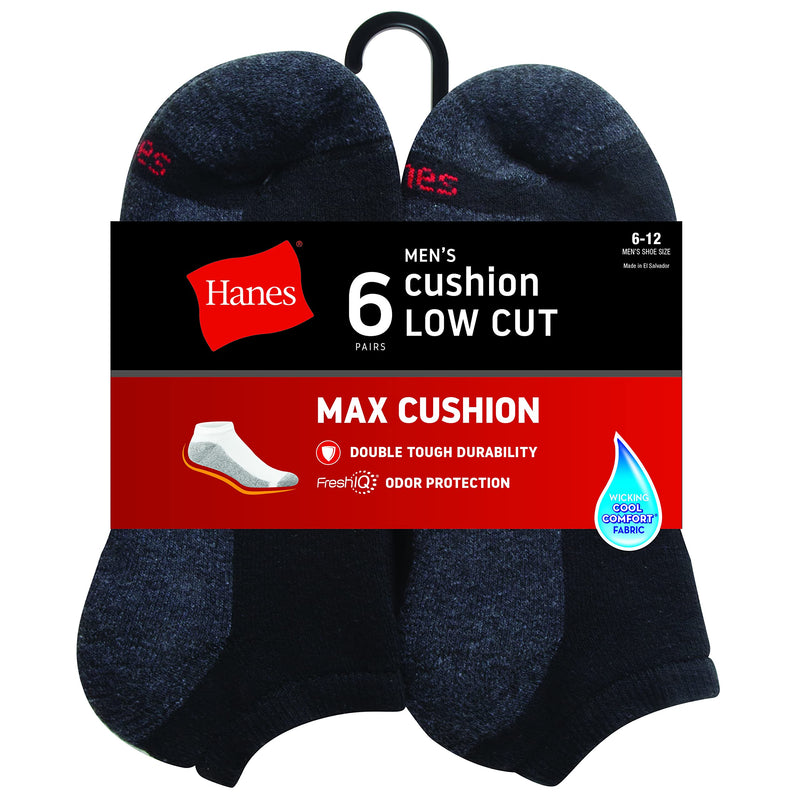 [Australia - AusPower] - Hanes Men's Max Cushion Low Cut Socks, 6-pair Pack 6-12 Black/Grey Foot Bottom 