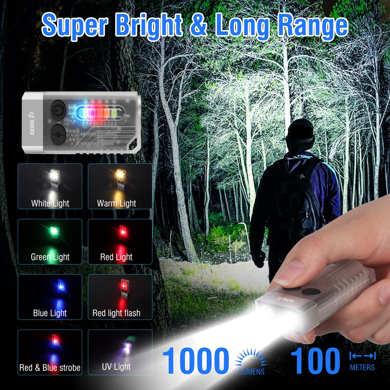 [Australia - AusPower] - BORUIT V10 Small Powerful Flashlight with 365nm UV Black Light - Super Bright 1000 LM, USB C Rechargeable LED Keychain Flash Light with COB Side Light, Magnet Buzzer- 12 Modes, IPX4 Pocket Flashlight White 
