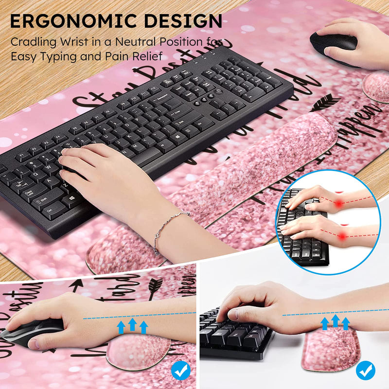[Australia - AusPower] - iCasso Keyboard Mouse Pad Set,Extended Gaming Mouse Pad+Keyboard Wrist Rest Support , Memory Foam, Easy Typing Pain Relief, 3Pcs (35.4×15.7 in) XXL Ultra Thick Desk Mat -Pink Stay Positive A-Pink Stay Positive 