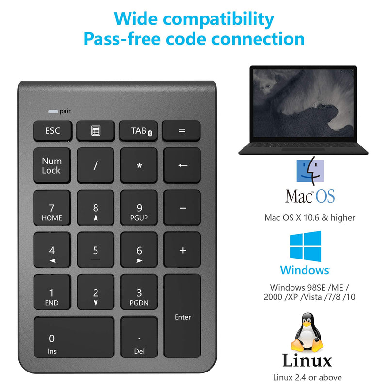 [Australia - AusPower] - Bluetooth Number Pad, Alcey Wireless 22 Keys Multi-Function Numeric Keypad Keyboard Extensions for Laptop/Desktop/PCs/Notebook, Cool Gray 