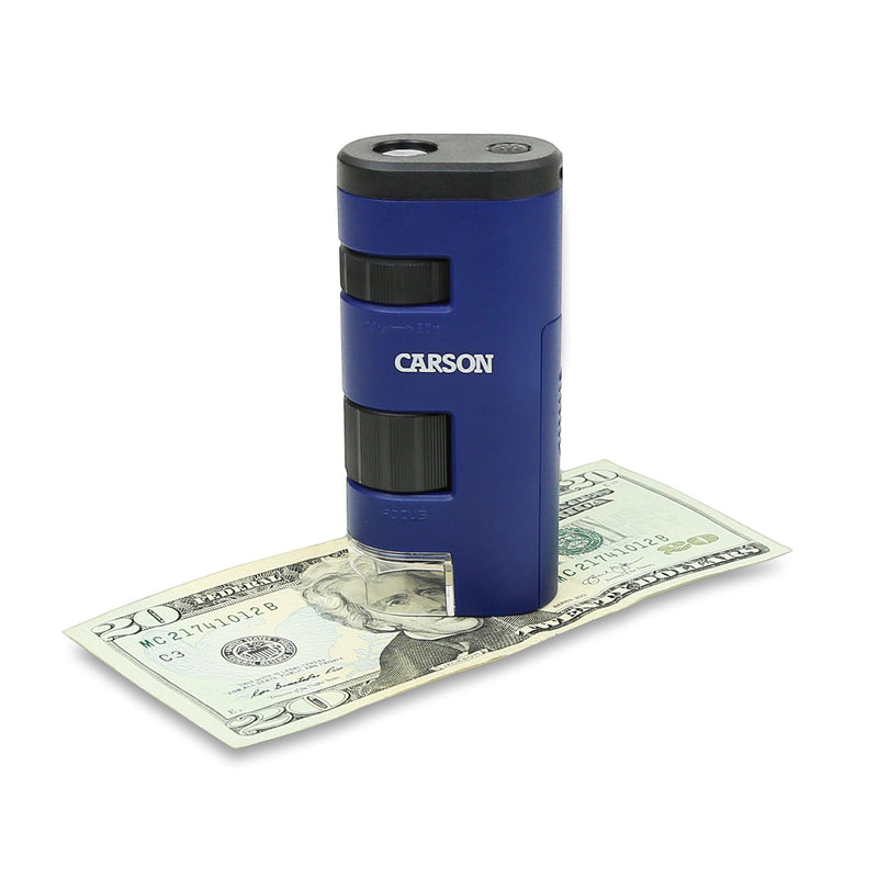 [Australia - AusPower] - Carson MicroMini 20x LED Lighted Pocket Microscope with Built-in LED and UV Flashlight & Pocket Micro 20x-60x LED Lighted Zoom Field Microscope with Aspheric Lens System (MM-450),Blue 