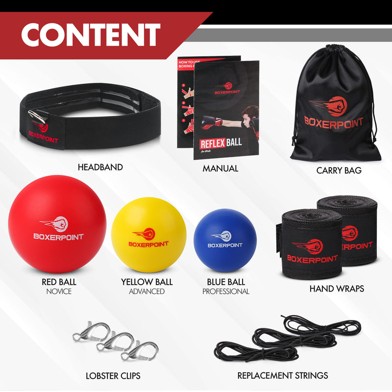 [Australia - AusPower] - Boxing Reflex Ball Set for Kids - 3 Difficulty Level Soft Punching Balls - Boxing Training Equipment with Adjustable Headband Boxing Trainer and Hand Wraps, Great for Hand Eye Coordination 