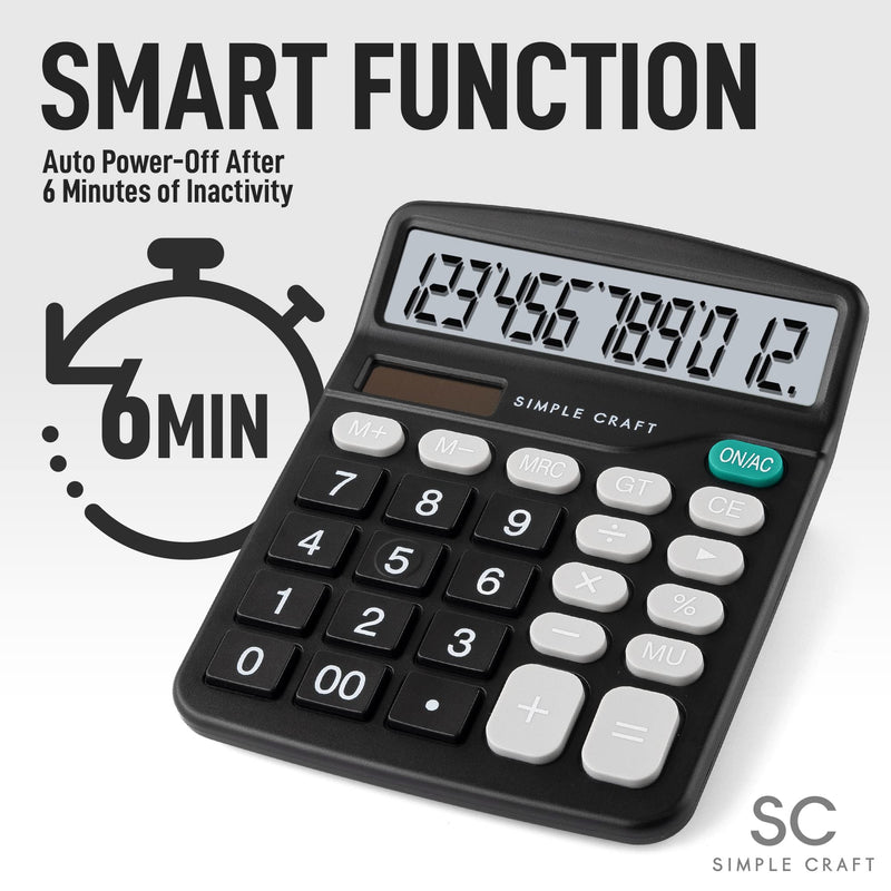 [Australia - AusPower] - Simple Craft 12-Digit Desk Calculator Large Display 4” LCD Screen - Solar Powered Office Calculators Desktop Tool with Big Sensitive Buttons - Handheld Basic Calculator for Home and Office (Black) Black 