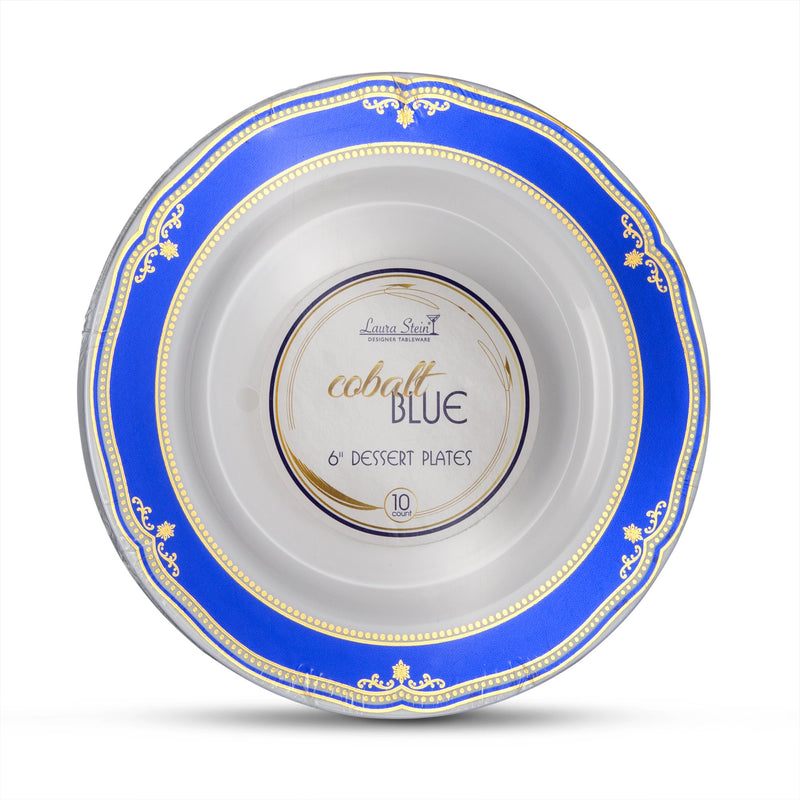 [Australia - AusPower] - [40 Count - 6" Plates] Laura Stein Designer Tableware Premium Heavyweight Plastic White Dessert Plate With Blue & Gold Border Plastic Party & Wedding Plate Cobalt Blue Series Disposable Dishes 40 6'' INCH PLATES 