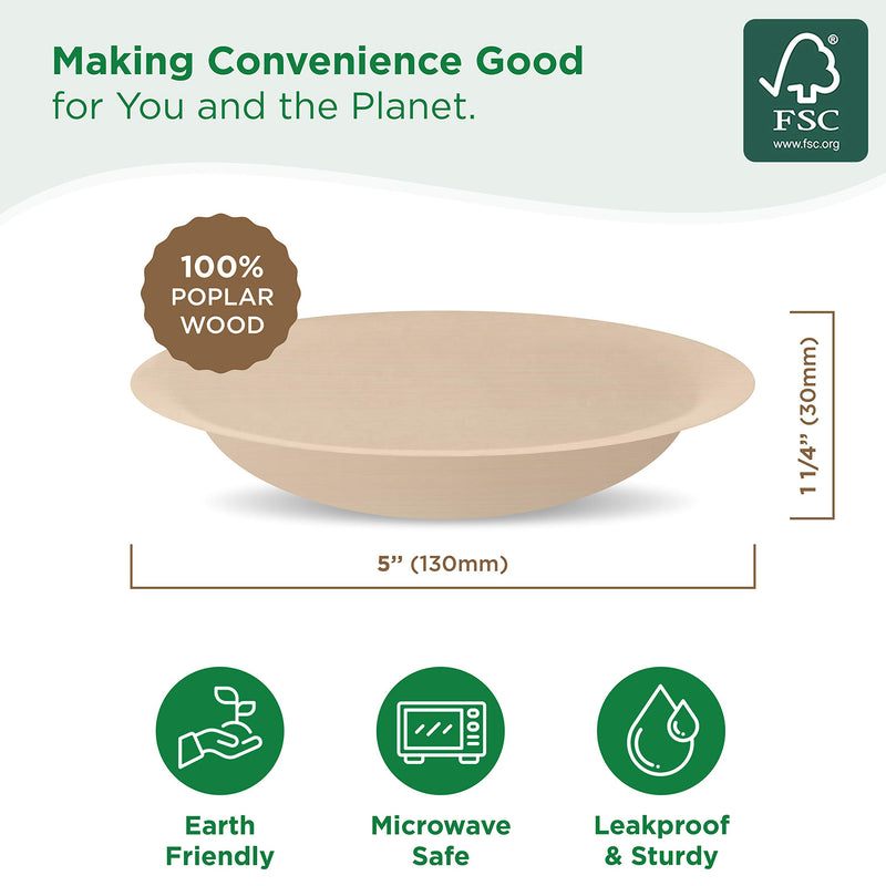 [Australia - AusPower] - EcoBuddies Wooden Bowls Disposable Round 5 Inch- 50 pcs | Eco-Friendly, Biodegradable, Compostable Bowls | Heavy-Duty Alternative to Bamboo Bowls for Wedding, Catering, Camping & Parties 