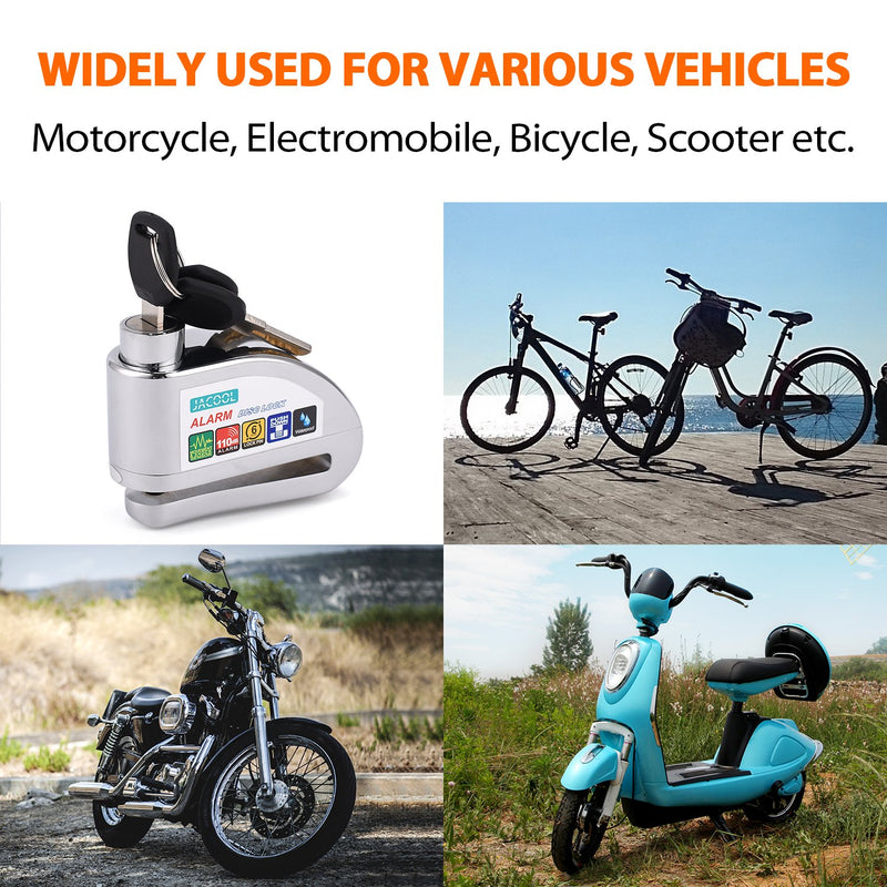 [Australia - AusPower] - JACOOL Disc Brake Lock Alarm Wheel Disc Lock Motorcycle Alarm with 110db Alarm Sound Security, Disc Brake Lock Anti-Theft Waterproof Security Lock with 5ft Reminder Cable for Bike Motorbike Scooter Silver 