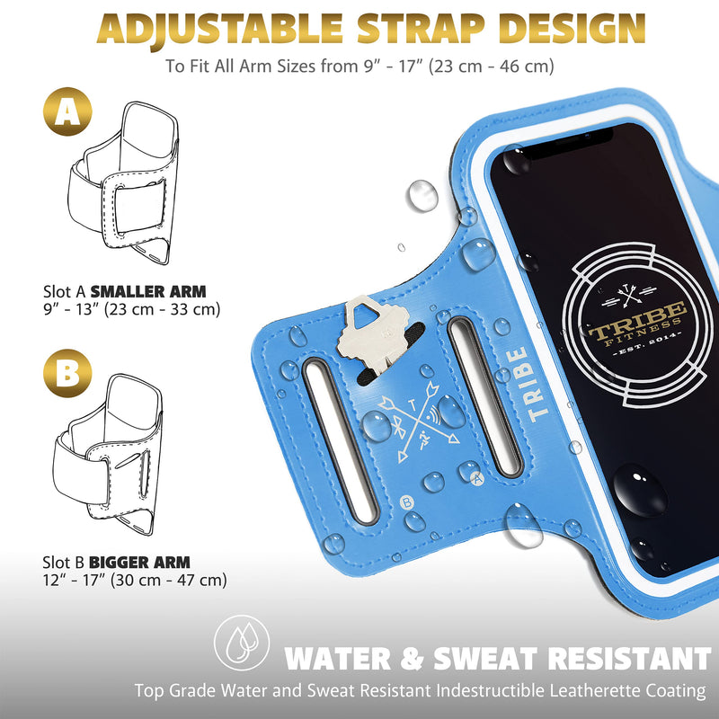 [Australia - AusPower] - TRIBE Water Resistant Cell Phone Armband Case Running Holder for iPhone Pro Max Plus Mini SE (13/12/11/X/XS/XR/8/7/6/5) Galaxy S Ultra Plus Edge Note (21/20/10/9/8/7/6/5) Adjustable Strap & Key Pocket Light Blue 