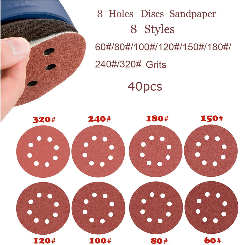 [Australia - AusPower] - 40 Pcs 5 Inch Round Sanding Discs 8 Hole Hook and Loop Sand Paper for Random Orbital Sander 8 Grades Include 60 80 100 120 150 180 240 320 Assorted Grits 