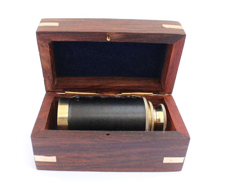 [Australia - AusPower] - 6" Nautical Handheld Pirate Brass Telescope with Anchor on Wooden Box, Sailor Home Decor Toy Gift 