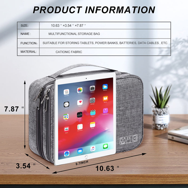 [Australia - AusPower] - Electronic Bag Travel Cable Accessories Bag Waterproof Double Layer Electronics Organizer Portable Storage Case for Cable, Cord, Charger, Phone, Adapter, Power Bank, Kindle, Hard Drives Grey 