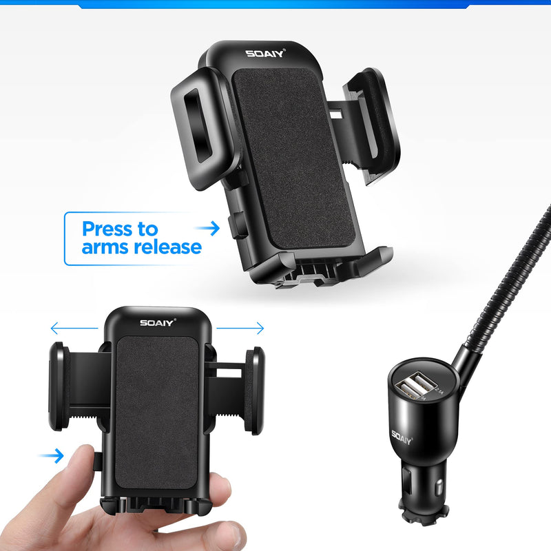 [Australia - AusPower] - SOAIY 3-in-1 Cigarette Lighter Car Mount + Voltage Detector (Not for Center Console & Window), Dual USB 3.1A Charger with Adjust Gooseneck & 360° Rotating Car Mount Cradle for 1.7-3.7inch Width Phones 