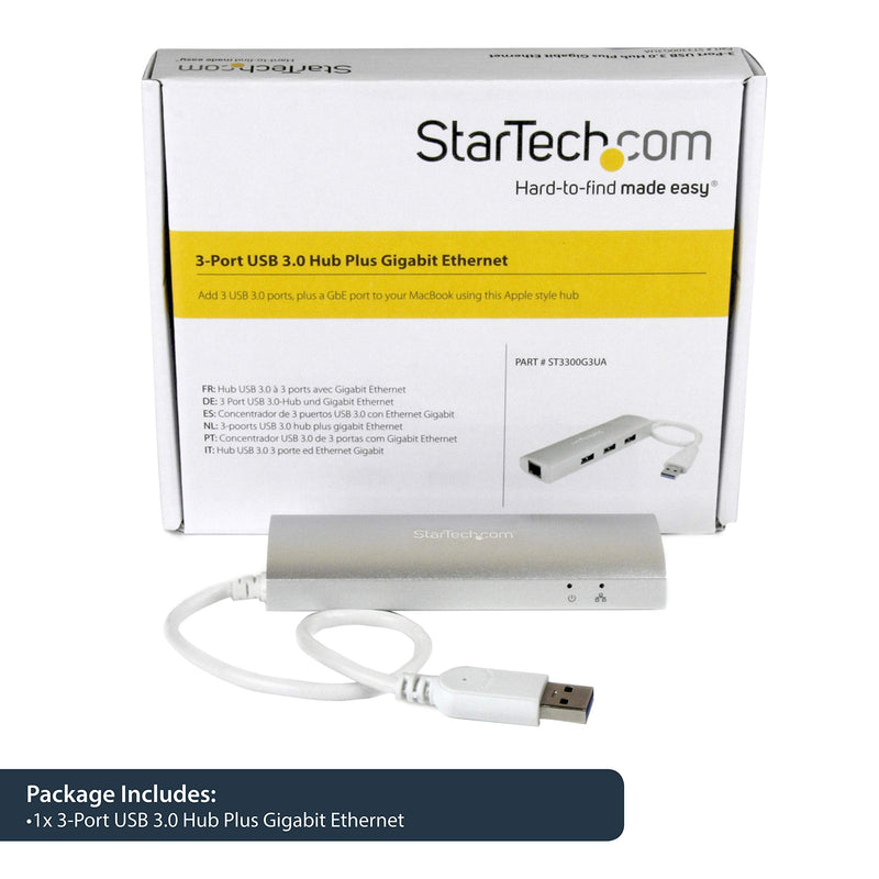 [Australia - AusPower] - StarTech.com 3-Port USB 3.0 Hub with Gigabit Ethernet - Up to 5Gbps - Portable USB Port Expander with Built-in Cable (ST3300G3UA) Silver w/ 3 USB Ports 