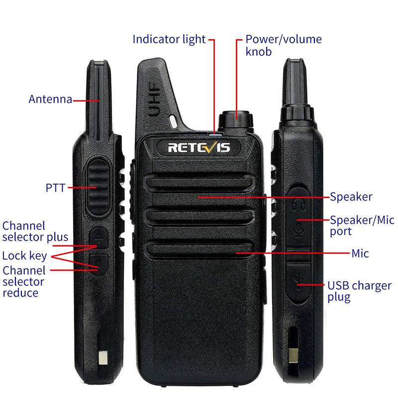 [Australia - AusPower] - Retevis RT22 Walkie Talkies, Mini 2 Way Radio Rechargeable, VOX Handsfree, Portable, Two-Way Radios Long Range with Earpiece, for Family Kids Road Trip Camping Hiking (2 Pack, Black) 
