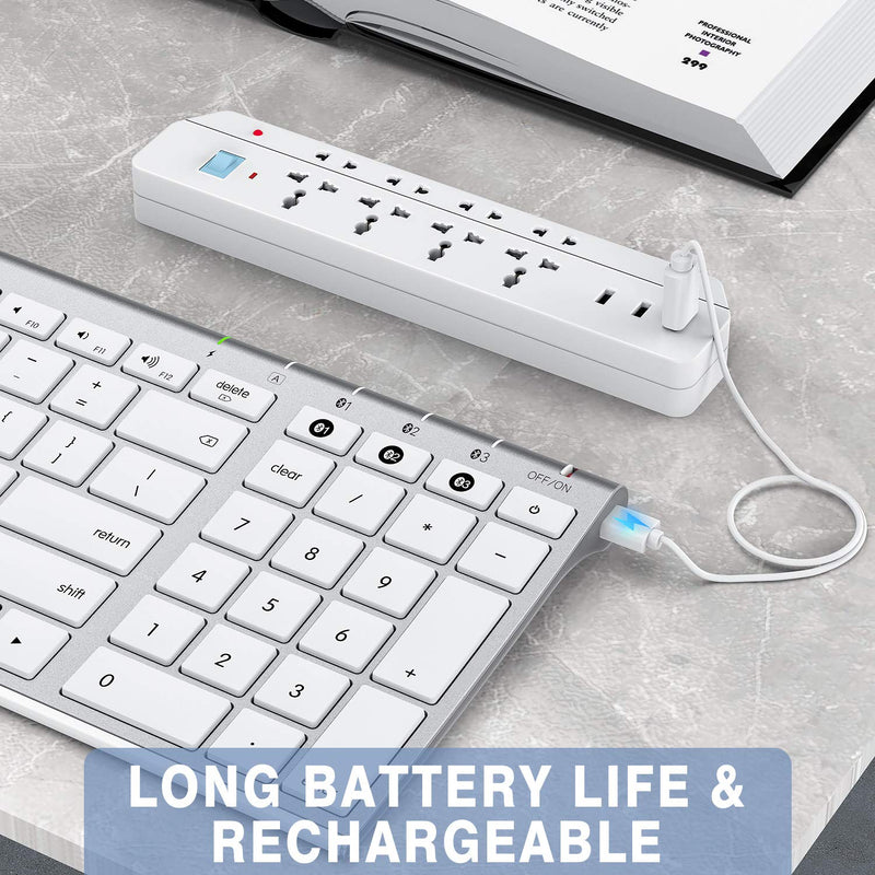 [Australia - AusPower] - Bluetooth Keyboard for Mac OS, Wireless Rechargeable Slim Multi-Device mac Keyboard with Number Pad Compatible for MacBook Pro/Air, iMac, iPhone, iPad Pro/Air/Mini - White and Silver 1-White 