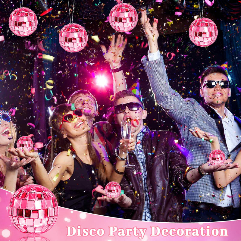 [Australia - AusPower] - Newmemo Pink Disco Ball 24 Pcs Hanging Mirror Disco Balls Pink Mini Disco Balls Ornaments Reflective Mirror Ball Cake Decoration with Rope Christmas Tree Wedding Dance Music Festivals Decor 