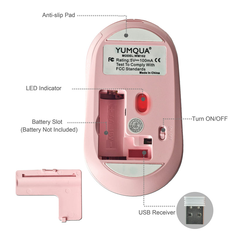 [Australia - AusPower] - YUMQUA Wireless Mouse for Laptop, Slim 2.4G Optical Silent Computer Mouse with USB Receiver, 3 Levels DPI Cordless Mice for Chromebook PC Windows MacBook -Pink Pink 