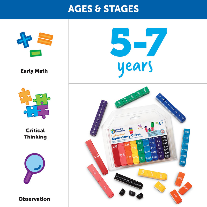 [Australia - AusPower] - Learning Resources Fraction Tower Equivalency Cubes - 51 Pieces, Ages 6+ Math Learning Toys for Kids, Math Classroom and Homeschool Accessories, Fractions Learning for Kids Activity Set 