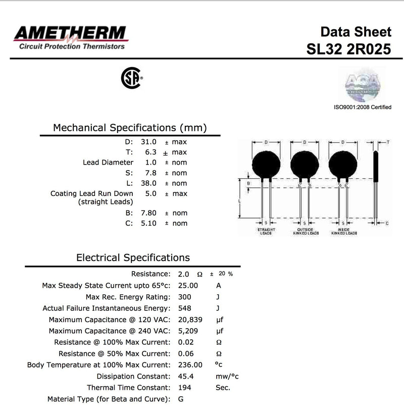 [Australia - AusPower] - Ametherm SL32 2R025 (Pack of 2) Aqua-Rite Thermistor, ICL 2 OHM 20% 25A 30MM 