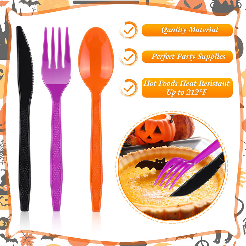[Australia - AusPower] - 60 Pieces Halloween Plastic Cutlery Set Halloween Forks Spoons Knives Utensils Colored Black Orange Purple Disposable Tableware for Halloween, Zombie Cosplay, Trick Or Treat Party Supplies 
