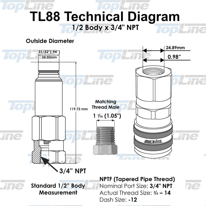 [Australia - AusPower] - TL88 3/4" NPT Flat Face Connect Under Pressure Hydraulic Quick Coupler Set for Bobcat Skid Steer, 1/2" Body ISO 16028 