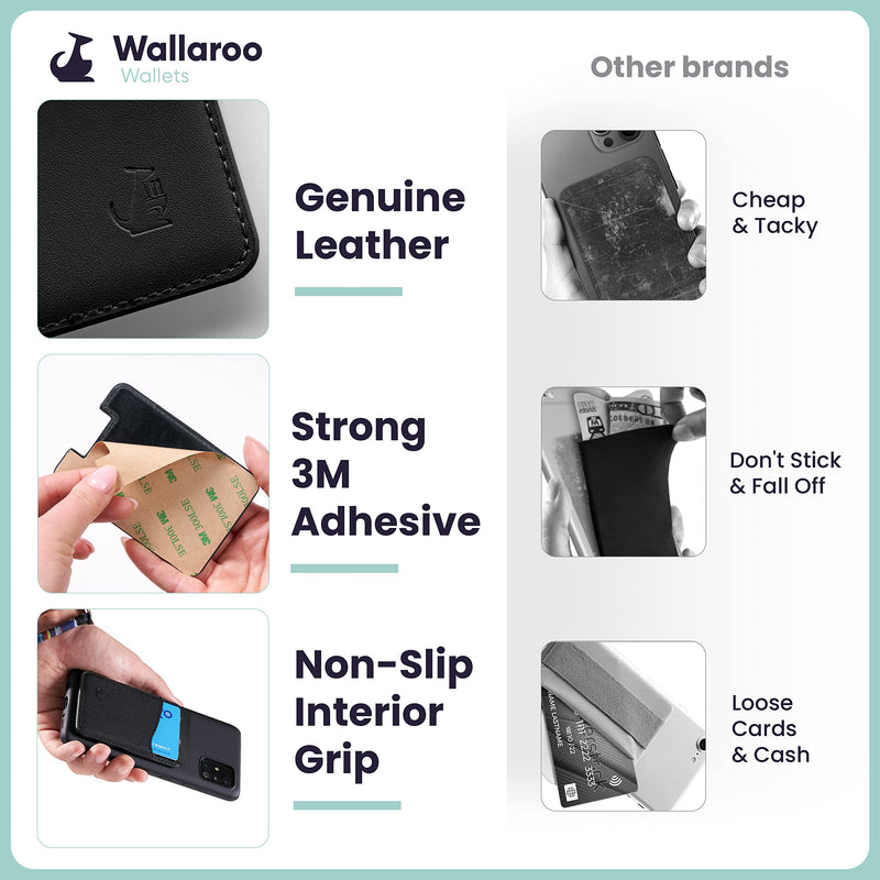[Australia - AusPower] - Premium Leather Phone Card Holder - Stick On Wallet for iPhone and Android Smartphones - Minimalist Style with Non-Slip Lining Secures Up to 3 Cards Kangaroo (Black Leather) by Wallaroo Black 