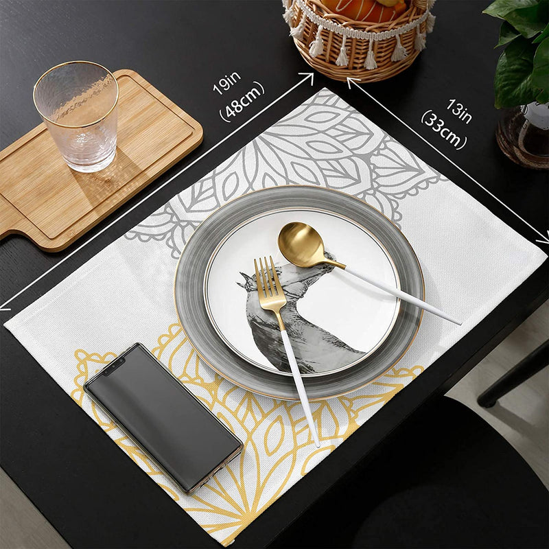 [Australia - AusPower] - Elegant Dahlia Flowers Yellow Grey Placemats Set of 6, Cotton Linen Heat Resistant Table Mats Non-Slip Washable Placemat for Holiday Banquet Dining Kitchen Table Decor Floral-095ase6657 